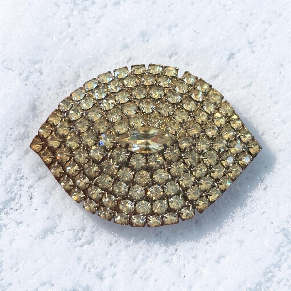Signed Cathe Rhinestone Evil Eye Brooch Vintage Crystal Eye Pin Mid Century Glam